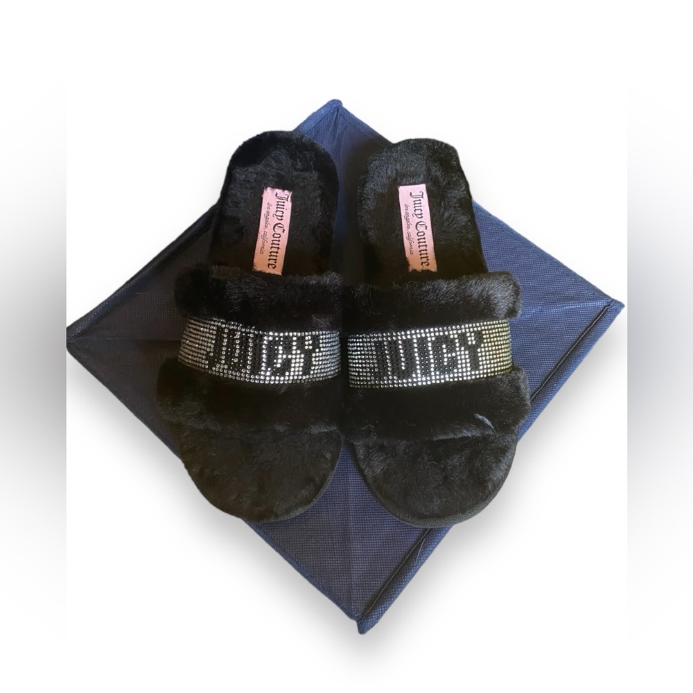 Juicy Couture Women’s Black & Silver Fuzzy Slide Slippers Size M